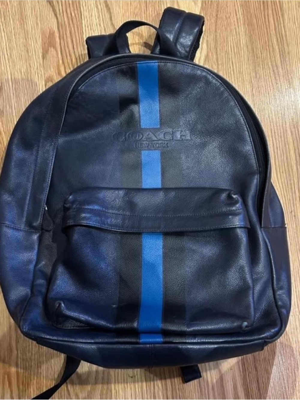 Coach Charles Varsity Black Leather Backpack with Blue Center Stripe